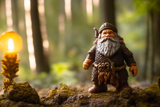 illustration of fantasy dwarf  miniature statue in forest with hairs face close up 3d graphic