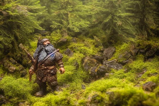 illustration of fantasy dwarf  miniature statue in forest with hairs face close up 3d graphic