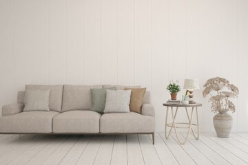 White living room with sofa. Scandinavian interior design. 3D illustration
