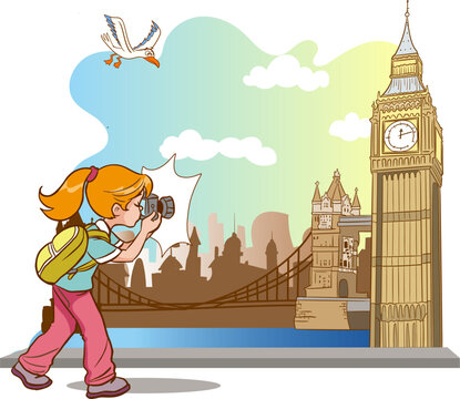 photographer girl takes photo of london clock tower