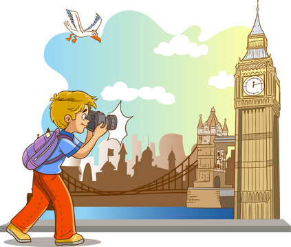 photographer boy takes photo of london clock tower