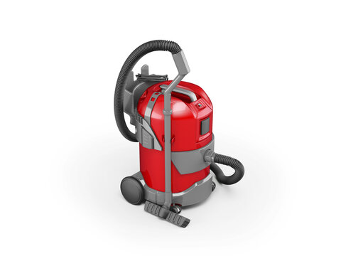 3D illustration of red professional vacuum cleaner on white background with shadow