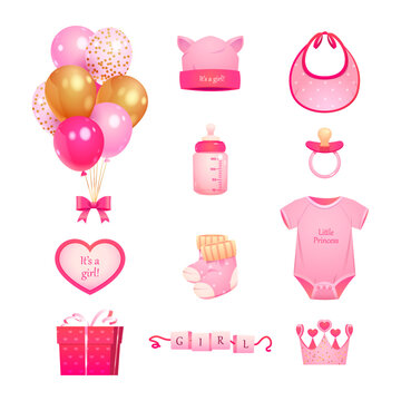 Vector stickers collection for gender party. It's a girl stickerpak. Cards for girl, little princess on white background, gender reveal baby shower