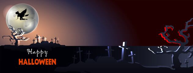 Halloween banner design template with a cemetery and a flying witch against the moon