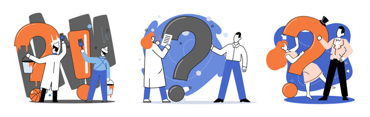 Question mark, obtaining information of interest. Problem and solution concept metaphor. FAQ help. Decision of information task, ask questions and receive answers, paint ladge sign decision of doubts