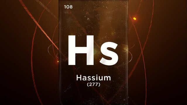 Hassium (Hs) symbol chemical element of the periodic table, 3D animation on atom design background