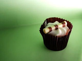 Cupcake decorated with frosting and chocolate on green background 