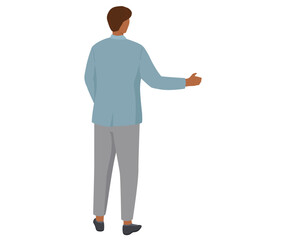 Young guy standing and talking isolated on white background. Man is looking at something behind him. Male character turned back. Person standing with outstretched hand, greet, businessman make gesture