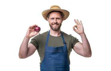 man in apron and hat with onion vegetable isolated on white. ok