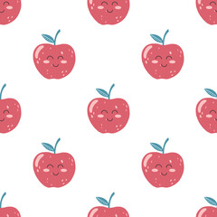 Seamless pattern with cute apple kawaii fruit with happy face in flat style. Hand drawn vector illustration of children cartoon background for wrapping paper, fabric print, cover, card design
