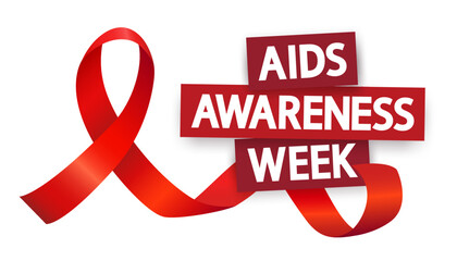 AIDS Awareness Week vector concept. Red ribbon and text on white.