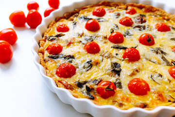 Open pie with cheese and chicken quiche Lorraine