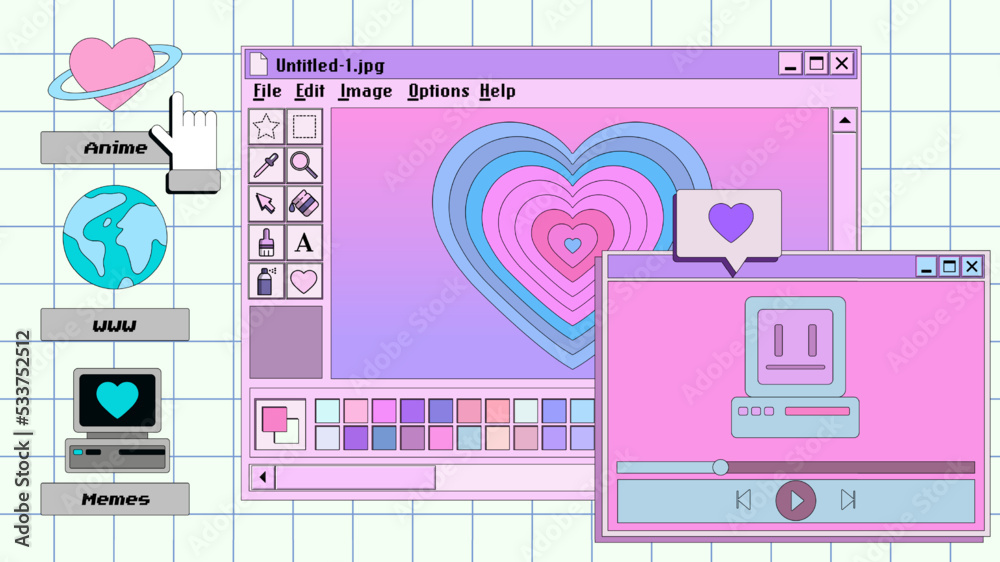 Poster retro user interface with graphic editor window box and icons. y2k style collage in pastel pink, blu