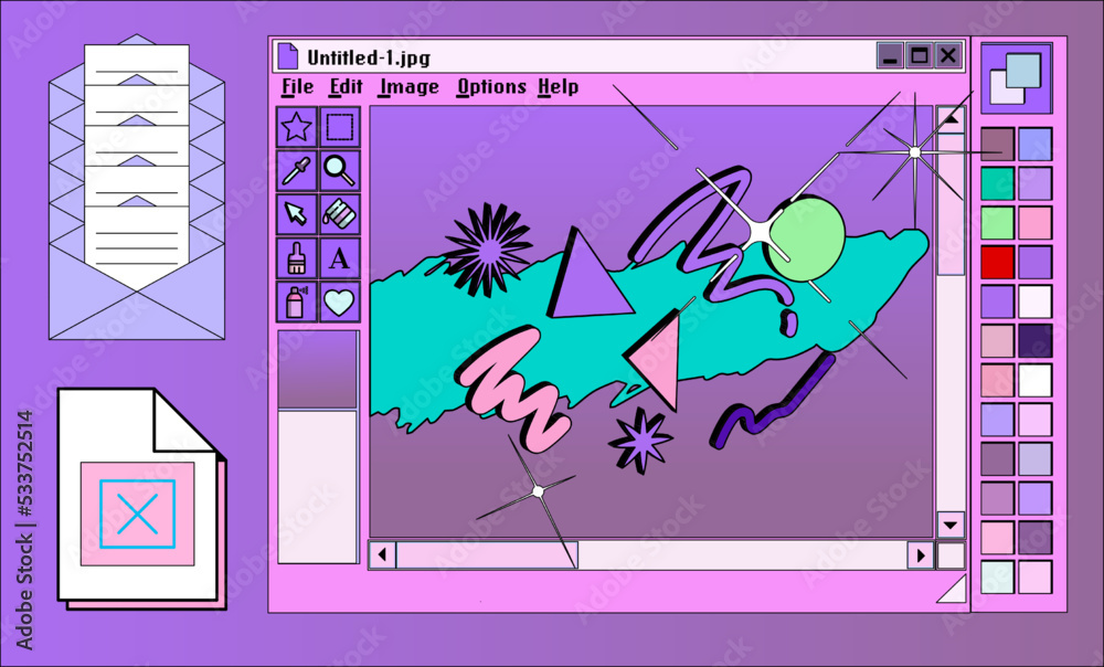 Aufkleber Retro user interface with graphic editor window box and icons. Y2K style collage in pastel colors.