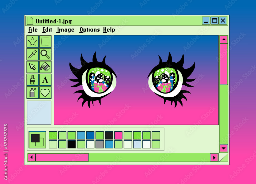 Poster Retro user interface with graphic editor window and image of anime eyes. Vaporwave style illustration.