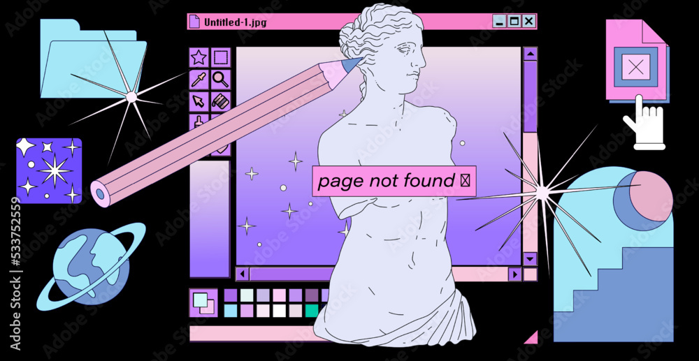 Poster Retro vaporwave user interface with modal dialog window box of a graphic design software and editor program and picture of a Venus statue in pastel cute colors.