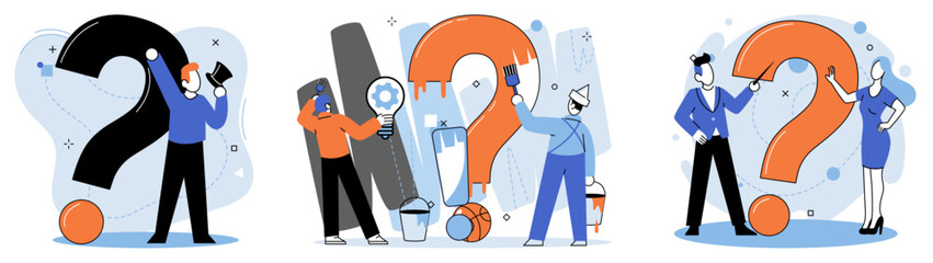 Question mark, obtaining information of interest. Problem and solution concept metaphor. FAQ help. Decision of information task, ask questions and receive answers, paint ladge sign decision of doubts