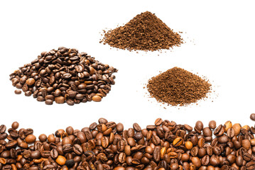 Coffee beans on a white background. Top view.