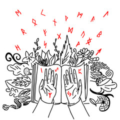 Fortune telling on Elder runes. Fortune telling. Spell book and fortune teller. Hands and lines of fate.