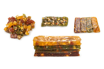 Turkish traditional delight with nuts isolated on white background.