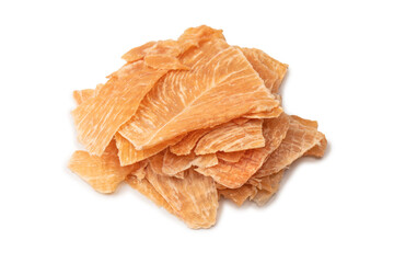 Group of tasty beer snacks. Dehydrated chicken meat slices.