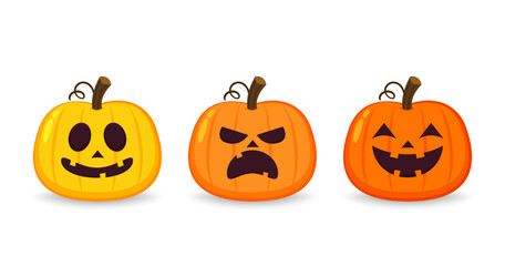 Pumpkin head set. Cute and scary halloween pumpkin monster set. Holidays cartoon character in flat style collection.