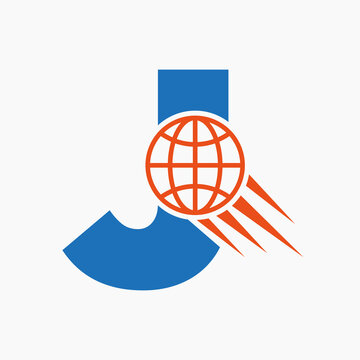 Letter J Global Logo Concept With Moving World Icon. Global Logotype Symbol Vector Template