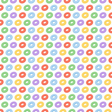 Cereal pattern background. Pattern with colorful fruit cereal rings dipped in milk with splashes. Vector food background.