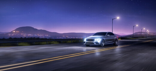 Generic car driving at night on a suburban highway with an city landscape and mountains in the background. 3d rendering