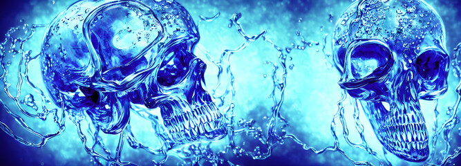 Water skull - water splashes. Skull underwater. Banner size, header. 3d
