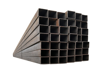 Stack of shaped metal pipe. Stack of shaped pipes isolate on a transparent background.