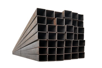 Stack of shaped metal pipe. Stack of shaped pipes isolate on a transparent background.