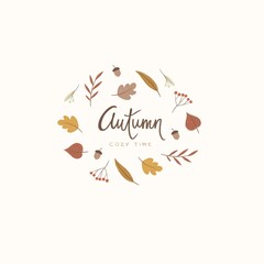 Autumn frame  illustration. Dry leaves and rowanberries  print

