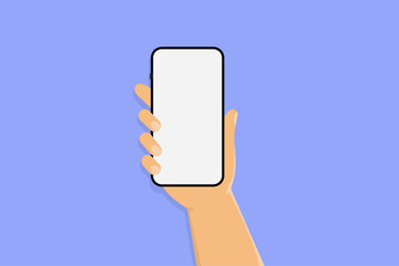 Human hand holding smartphone of blank white screen. Using mobile smart phone. Editable smartphone template. Mockup for your text, app. Vector illustration