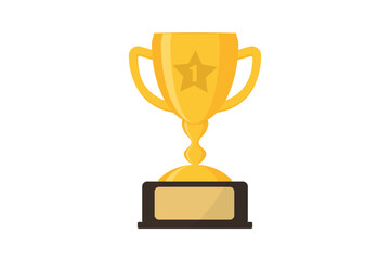 Gold cup, award first place prize, with handles and blank name plate. Trophy cup, award for victory. Champions or winners. Vector illustration in flat style