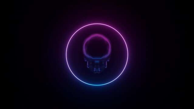 A dark background with glowing circle neon frame and glowing scull animated background on seamless loop


