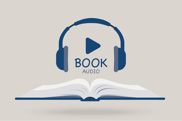 Book with headphones or headset. Audiobook concept. Headphones and book icon logo, audiobook, online learning, education concept. Listen literature, e-books in audio format