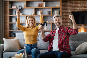 Satisfied mature european family with joysticks enjoy online game on computer make victory gesture