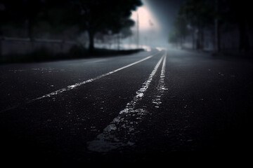Black asphalt road and empty dark street scene background. Cracked asphalt and curve road.Road lines. Digital art