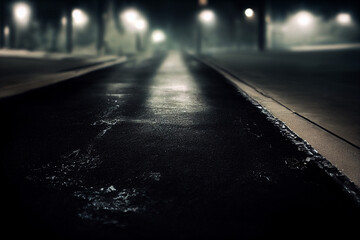 Black asphalt road and empty dark street scene background. Cracked asphalt and curve road.Road lines. Digital art