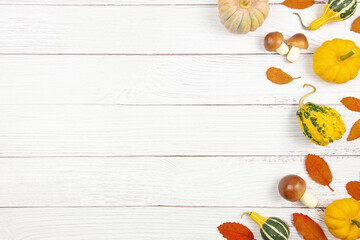 Fall flat lay with colorful pumpkins, mushrooms and fallen leaves on white wooden background. Autumn border mockup with decoration. Top view. Copy space.