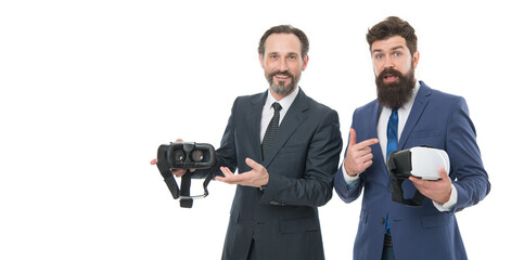 Innovation in business. mature men with beard in suit. Digital future and innovation. businessmen wear VR glasses. virtual reality. Partnership and teamwork. modern technology in agile business