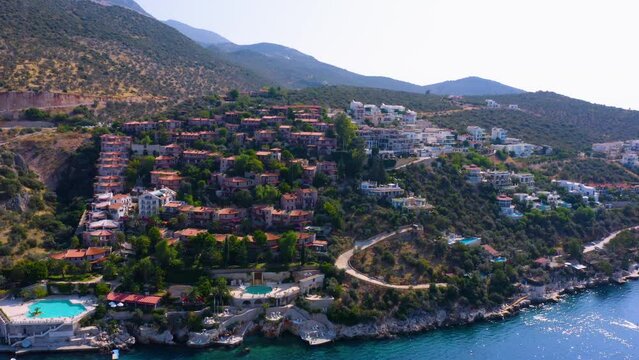 Aerial panoramic cityscape view of coastal town at Turkey. Summer vacation concept.