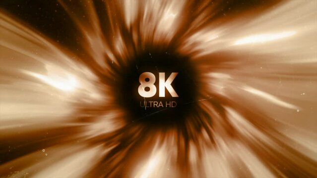 Animation with 8K sign. Motion. Luminous round stream of rays with 8K sign in center. Animation for showing video quality in 8K resolution