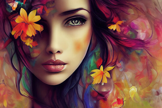 beauty  woman colorful portrait, digital painting illustration