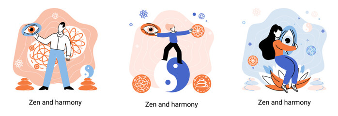 Obraz premium Zen and harmony metaphor, meditation practice. Balance, relaxation, mindfulness. Calm person relaxing. Yoga and spiritual practice, relax, recreation, healthy lifestyle. Japanese cult of mind and body