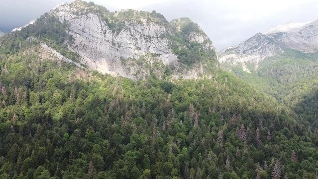 Drone views over 2600m of altitude with waterfalls. French Pyrenes mountains.