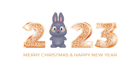 Merry Christmas and Happy New Year 2023 card template with cute bunny. Illustration of little black rabbit and gold sparkling 3D numbers on a white background. Vector 10 EPS.