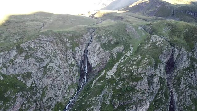 Drone views over 2600m of altitude with waterfalls. French Pyrenes mountains.