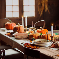 Thanksgiving dinner table with pumpkins, candles and beautiful dishes